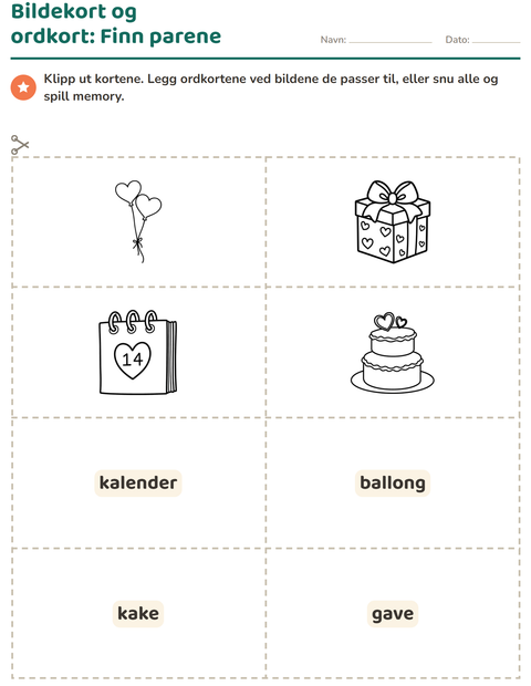 Forhåndsvisning av Bildekort-arbeidsark med Valentinsdag SH 2 for Barnehage (5-7 år)