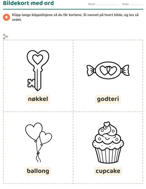 Forhåndsvisning av Bildekort-arbeidsark med Valentinsdag SH for Barnehage (5-7 år)