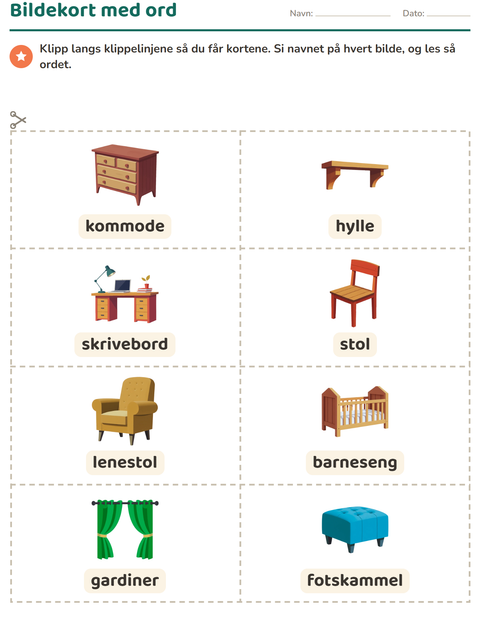 Forhåndsvisning av Bildekort-arbeidsark med Møbler for Barnehage (5-7 år)