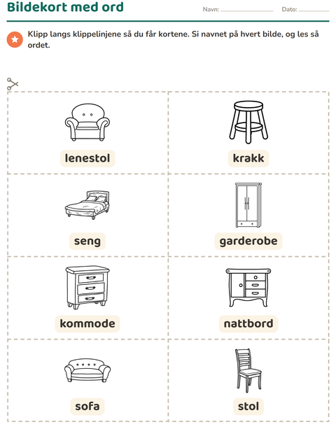 Forhåndsvisning av Bildekort-arbeidsark med Møbler SH for Barnehage (5-7 år)