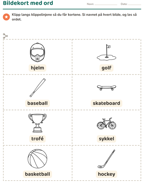 Forhåndsvisning av Bildekort-arbeidsark med Sport SH for Barnehage (5-7 år)