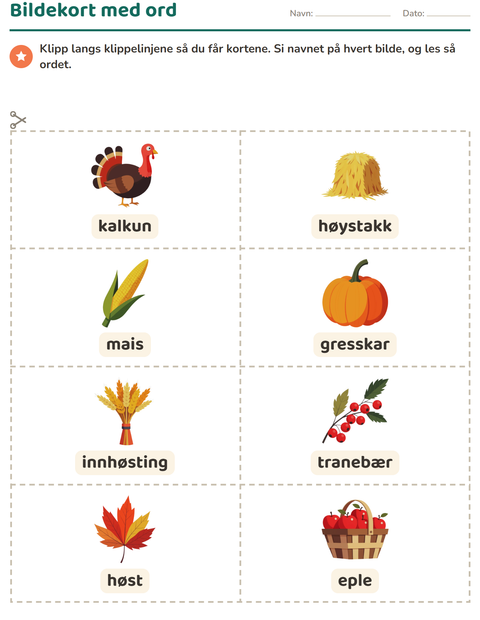 Forhåndsvisning av Bildekort-arbeidsark med Thanksgiving for Barnehage (5-7 år)