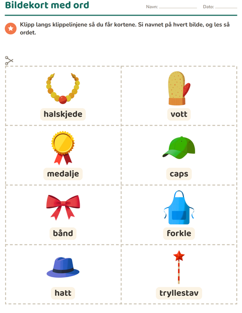Forhåndsvisning av Bildekort-arbeidsark med Tilbehør for Barnehage (5-7 år)