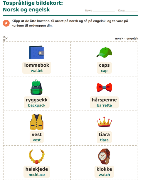 Forhåndsvisning av Bildekort-arbeidsark med Tilbehør for Barnehage (5-7 år)