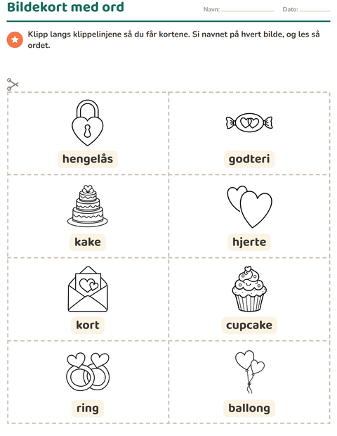 Forhåndsvisning av Bildekort-arbeidsark med Valentinsdag SH for Barnehage (5-7 år)