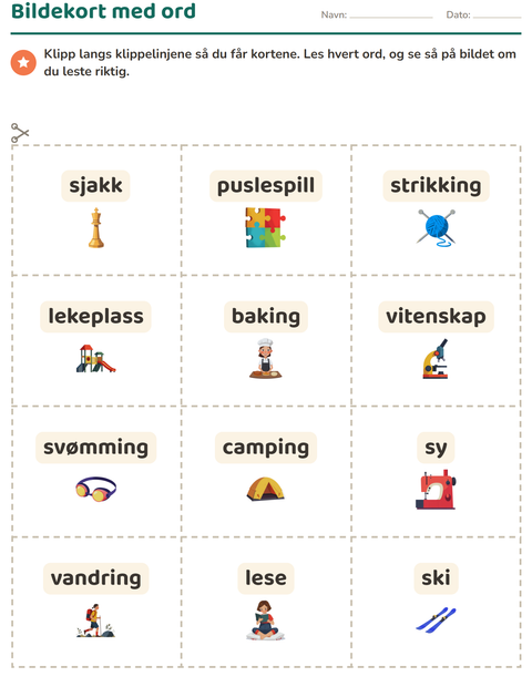 Forhåndsvisning av Bildekort-arbeidsark med Aktiviteter for Barnehage (5-7 år)