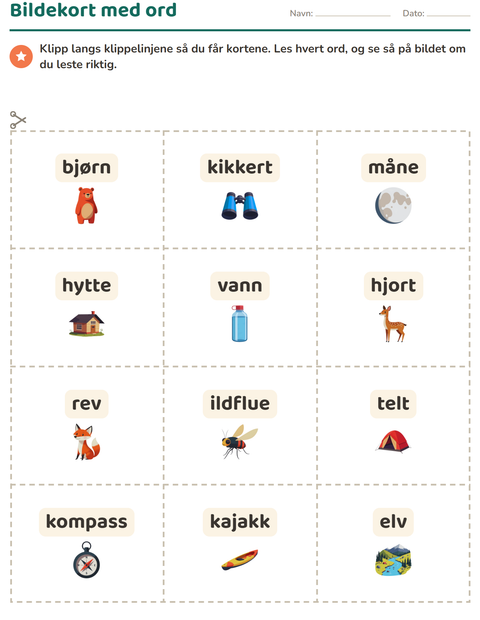 Forhåndsvisning av Bildekort-arbeidsark med Camping for Barnehage (5-7 år)