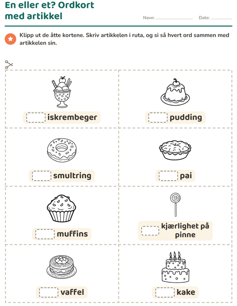 Forhåndsvisning av Bildekort-arbeidsark med Dessert (S/H) for Barnehage (5-7 år)