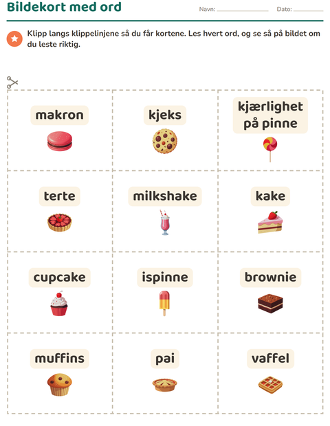 Forhåndsvisning av Bildekort-arbeidsark med Desserter og godteri for Barnehage (5-7 år)