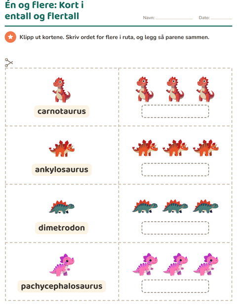 Forhåndsvisning av Bildekort-arbeidsark med Dinosaurer for Barnehage (5-7 år)