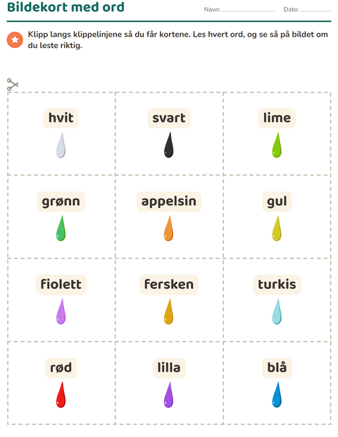 Forhåndsvisning av Bildekort-arbeidsark med Farger for Barnehage (5-7 år)