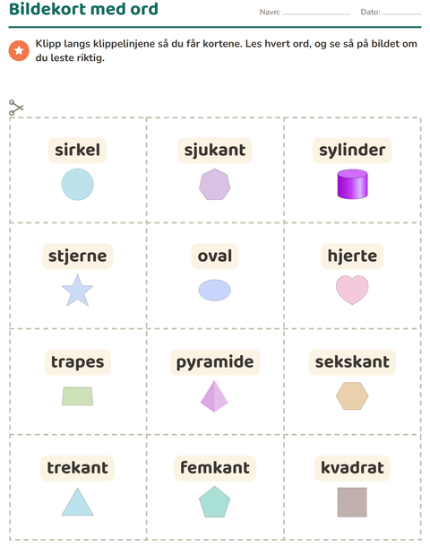 Forhåndsvisning av Bildekort-arbeidsark med Former for Barnehage (5-7 år)