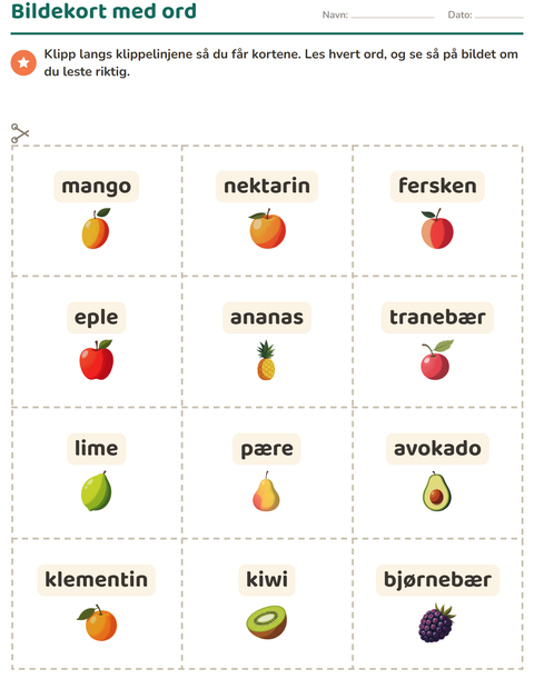 Forhåndsvisning av Bildekort-arbeidsark med Frukter for Barnehage (5-7 år)