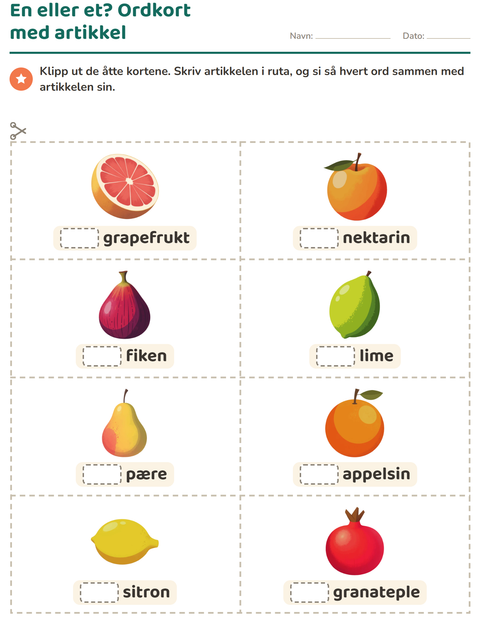 Forhåndsvisning av Bildekort-arbeidsark med Frukter for Barnehage (5-7 år)