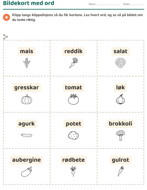 Forhåndsvisning av Bildekort-arbeidsark med Grønnsaker SH for Barnehage (5-7 år)