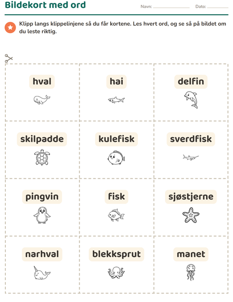 Forhåndsvisning av Bildekort-arbeidsark med Havliv SH for Barnehage (5-7 år)