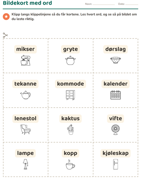 Forhåndsvisning av Bildekort-arbeidsark med Hjem SH for Barnehage (5-7 år)