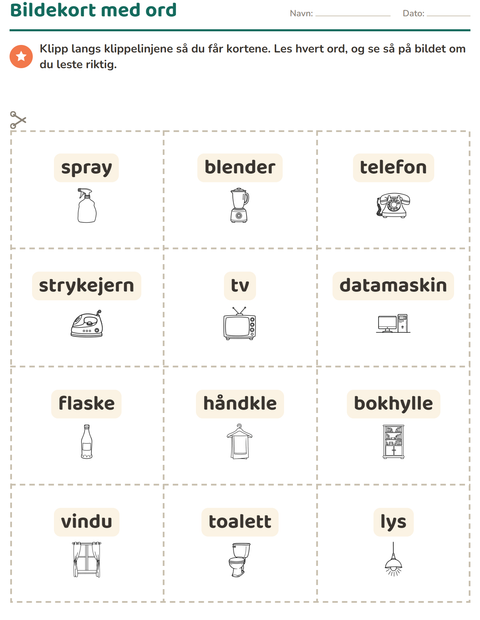 Forhåndsvisning av Bildekort-arbeidsark med Husholdning SH for Barnehage (5-7 år)