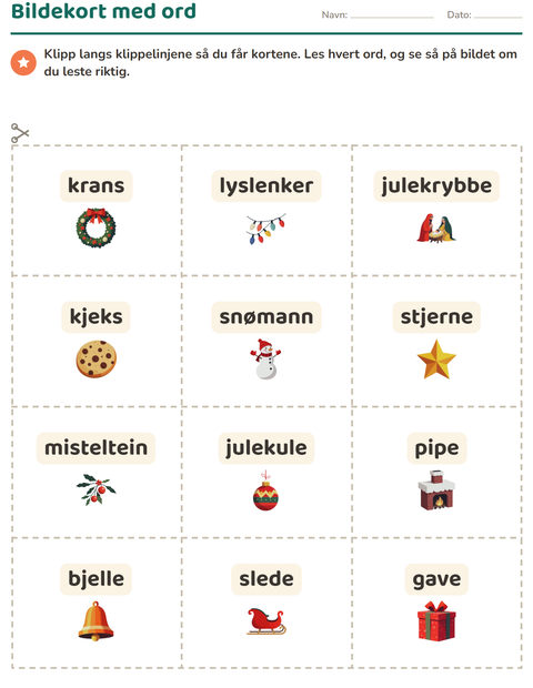 Forhåndsvisning av Bildekort-arbeidsark med Jul for Barnehage (5-7 år)