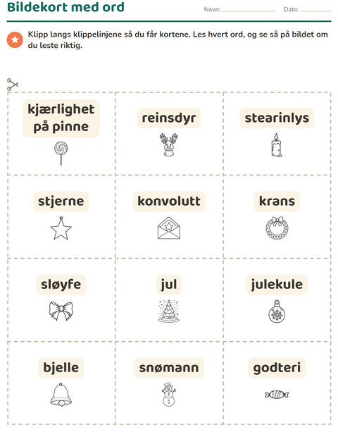Forhåndsvisning av Bildekort-arbeidsark med Jul S/H for Barnehage (5-7 år)