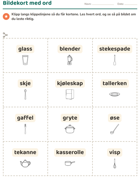 Forhåndsvisning av Bildekort-arbeidsark med Kjøkken SH for Barnehage (5-7 år)