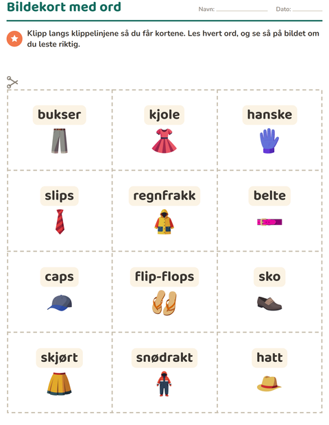 Forhåndsvisning av Bildekort-arbeidsark med Klær for Barnehage (5-7 år)