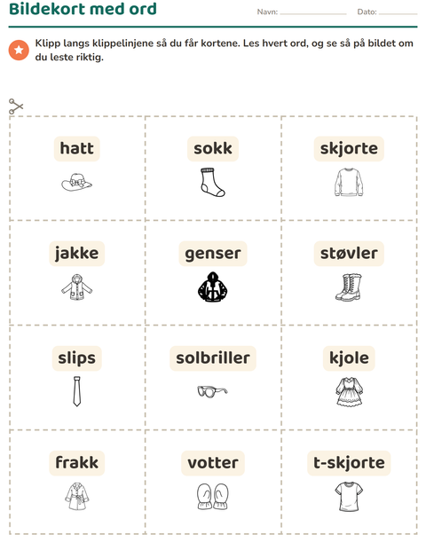 Forhåndsvisning av Bildekort-arbeidsark med Klær SH for Barnehage (5-7 år)