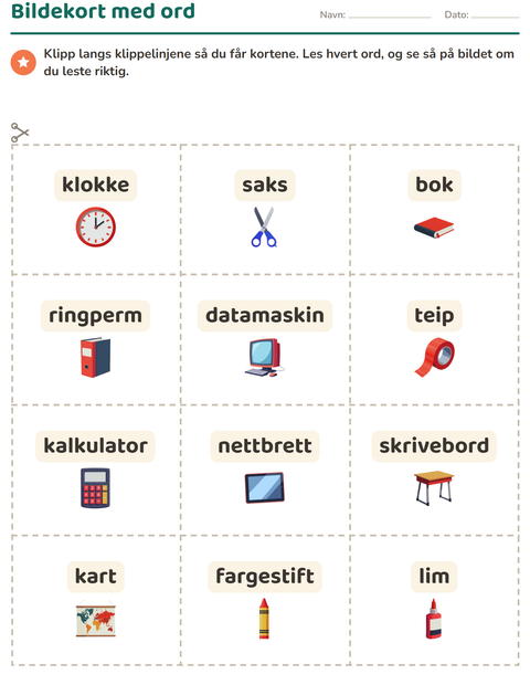Forhåndsvisning av Bildekort-arbeidsark med Klasserom for Barnehage (5-7 år)