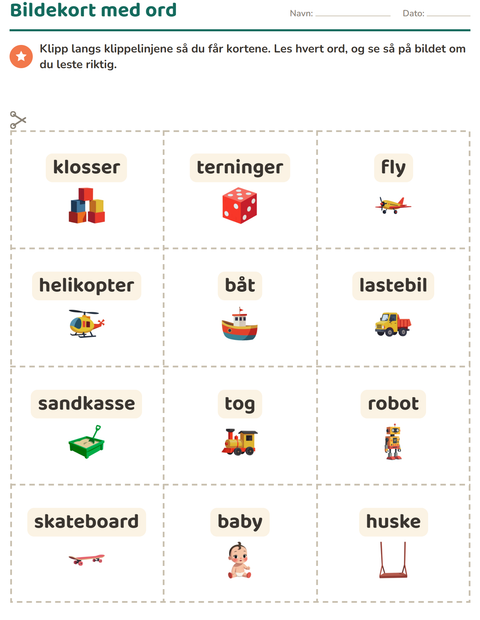 Forhåndsvisning av Bildekort-arbeidsark med Leker for Barnehage (5-7 år)