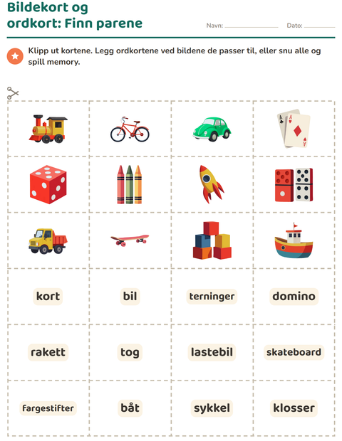 Forhåndsvisning av Bildekort-arbeidsark med Leker for Barnehage (5-7 år)