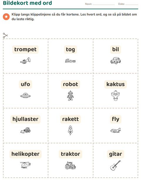 Forhåndsvisning av Bildekort-arbeidsark med Leker SH for Barnehage (5-7 år)