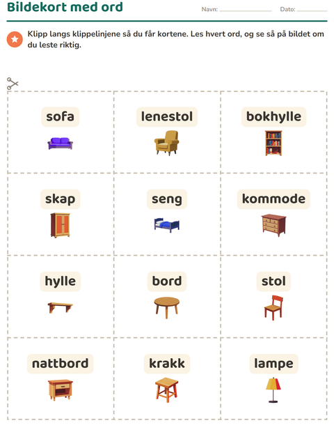 Forhåndsvisning av Bildekort-arbeidsark med Møbler for Barnehage (5-7 år)