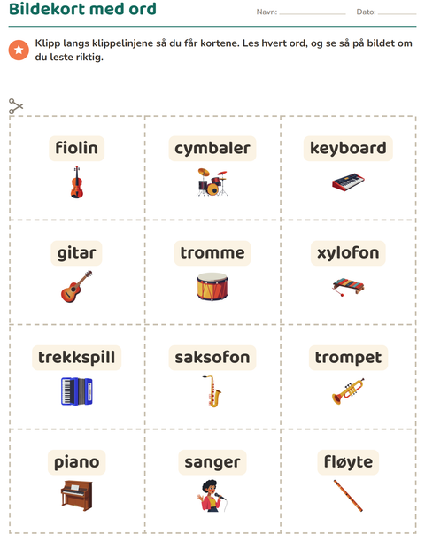 Forhåndsvisning av Bildekort-arbeidsark med Musikk for Barnehage (5-7 år)