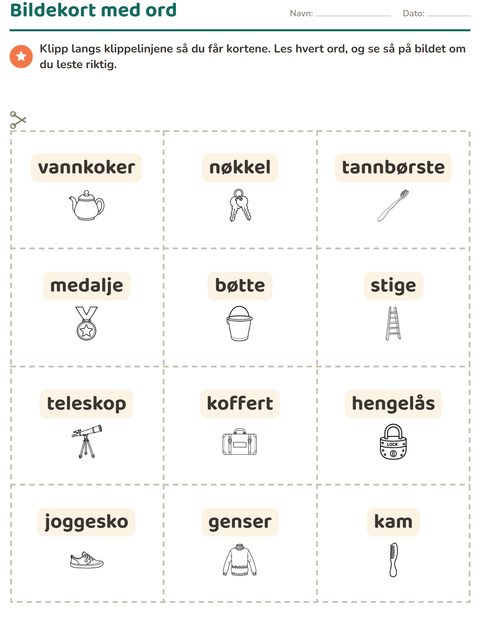 Forhåndsvisning av Bildekort-arbeidsark med Objekter SH for Barnehage (5-7 år)