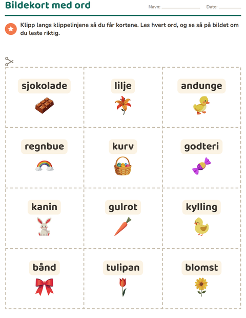 Forhåndsvisning av Bildekort-arbeidsark med Påske for Barnehage (5-7 år)
