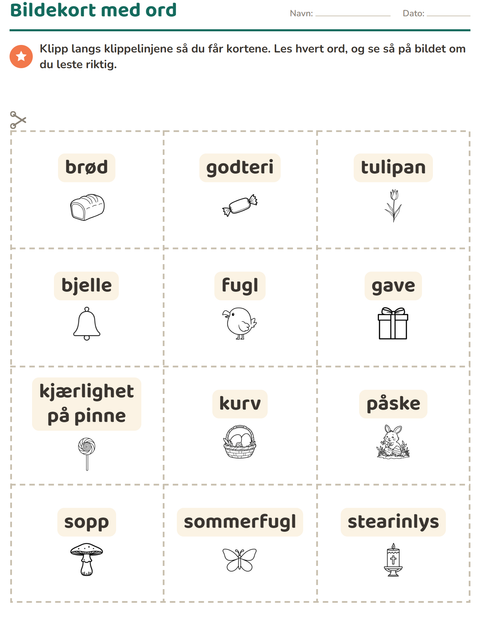 Forhåndsvisning av Bildekort-arbeidsark med Påske SH for Barnehage (5-7 år)