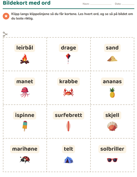 Forhåndsvisning av Bildekort-arbeidsark med Sommer for Barnehage (5-7 år)