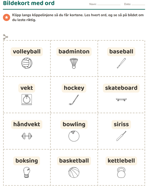 Forhåndsvisning av Bildekort-arbeidsark med Sport SH for Barnehage (5-7 år)