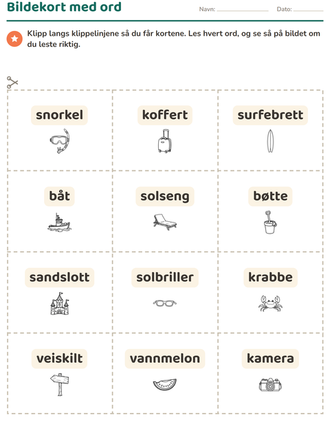 Forhåndsvisning av Bildekort-arbeidsark med Strand SH 2 for Barnehage (5-7 år)