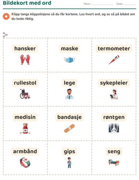 Forhåndsvisning av Bildekort-arbeidsark med Sykehus for Barnehage (5-7 år)
