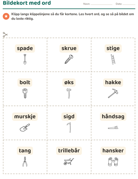 Forhåndsvisning av Bildekort-arbeidsark med Verktøy SH for Barnehage (5-7 år)