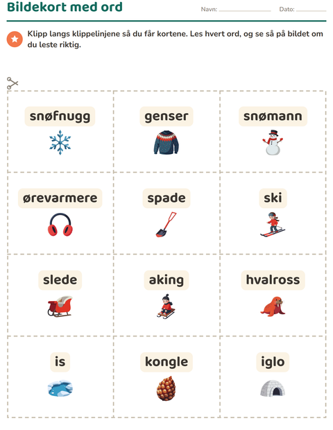 Forhåndsvisning av Bildekort-arbeidsark med Vinter for Barnehage (5-7 år)