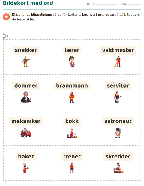 Forhåndsvisning av Bildekort-arbeidsark med Yrker for Barnehage (5-7 år)