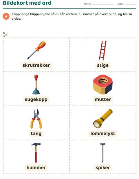 Forhåndsvisning av Bildekort-arbeidsark med Verktøy for Barnehage (5-7 år)