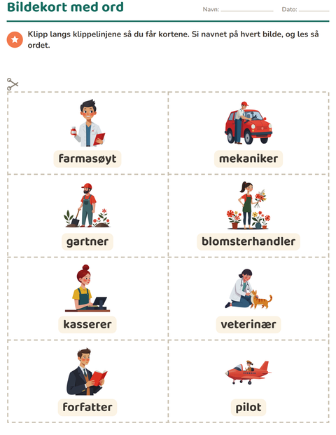 Forhåndsvisning av Bildekort-arbeidsark med Yrker for Barnehage (5-7 år)