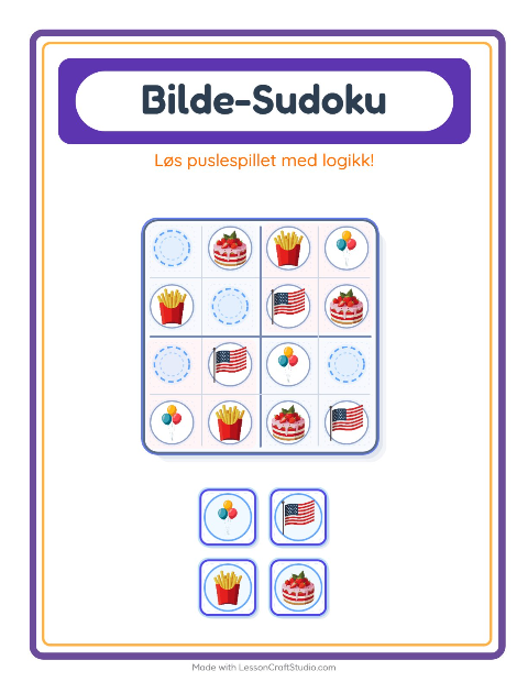 Forhåndsvisning av Bildesudoku-arbeidsark med 4. juli for Barnehage (5-7 år)