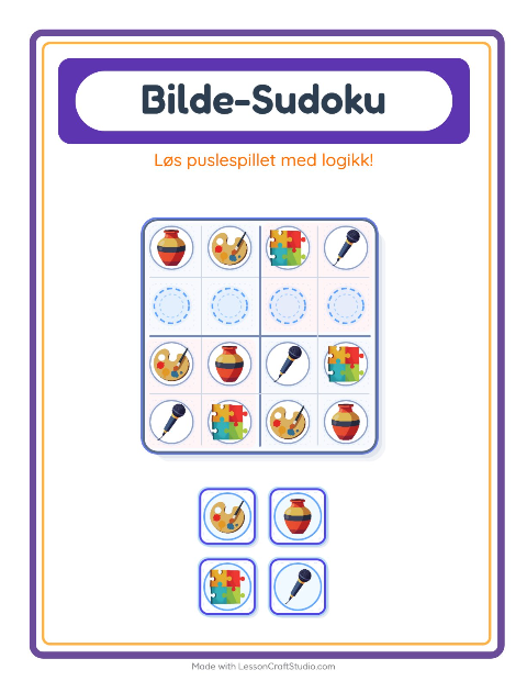 Forhåndsvisning av Bildesudoku-arbeidsark med Aktiviteter for Barnehage (5-7 år)