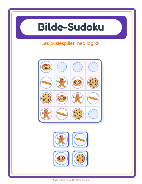 Forhåndsvisning av Bildesudoku-arbeidsark med Bakeri for Barnehage (5-7 år)