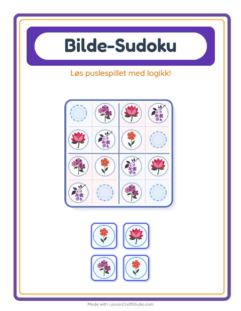 Forhåndsvisning av Bildesudoku-arbeidsark med Blomster for Barnehage (5-7 år)