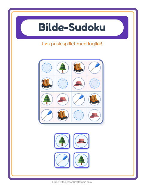 Forhåndsvisning av Bildesudoku-arbeidsark med Camping for Barnehage (5-7 år)
